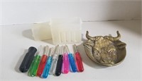 Brass Bull Trinket Dish and Mini Screwdrivers