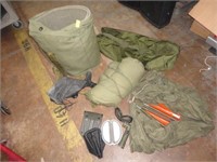 MILITARY CANVAS BAG OF: TENT,PAD,SHOVEL,SLEEPING..