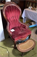 Red Velvet Armchair Carved Wood Can Footstool L