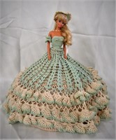 VINTAGE BARBIE & STAND IN CROCHETED DRESS