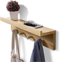 24-Inch Wall Mounted Beige Wood Shelf with 4 Pegs