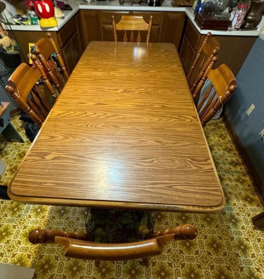 maple table w/6 chairs, leaf-  7'L x 3.5'W