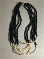 1980's G.F. 6 STRAND ONYX & PEARL NECKLACE