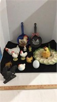 Assorted kitchen knick knacks and rooster deviled