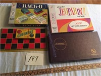 Four vintage games-Scrabble, Jeopardy, Rack-0,