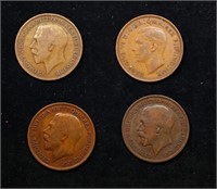 Group of 4 Coins, Great Britain Pennies, 1913, 191