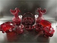 Box of assorted glassware including cranberry glas