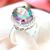 Rainbow Topaz Color Oval Halo Swirl Ring