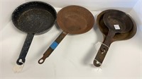 (1) granite ware pan, (3) other pans