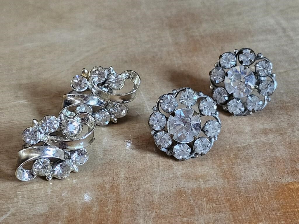 2 Pairs Clear Rhinestone Vintage Earrings