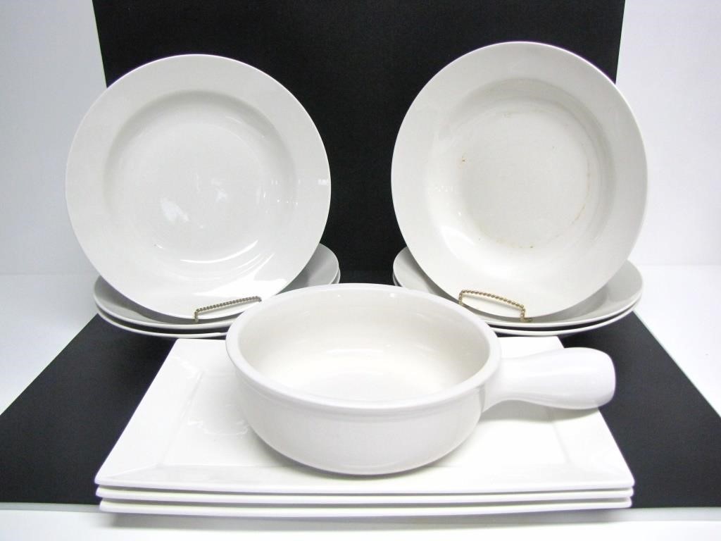 ASSORTED CERAMIC BOWLS, TRAYS, & LARGE CROCK