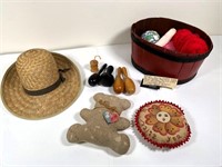 sewing sock darners, ant. wood sewing basket & mor