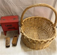 Shoe Shine Box Wood Vintage Hand Painted Red & Lg