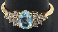 Gold Tone Ring W Blue & Clear Stones