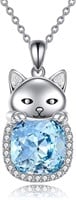 Cushion Cut 3.87ct Aquamarine Silver Cat Necklace