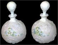 pair hand painted milk glass decanters 9"