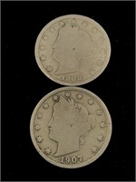 Pair of Antique 5C V Nickel Coins- 1907, 1908