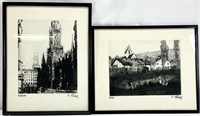 2 Vintage Oscar Schenk German Etchings, Signed