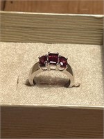 Ruby Red Tri-Stone Ring Sterling .925 Size 6