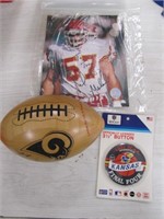 3 pcs: wood STL Rams signed football w/ stand,