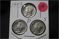 1943 Mercury Silver Dimes P.D.S.