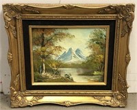 Mountain Landscape Oil on Canvas in Ornate Gilt