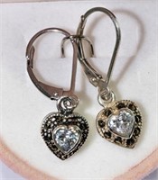 S. Silver Heart Shaped Earrings with CZ Marcasite