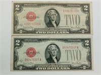 OF) Two 1928 g $2 Red Seal notes