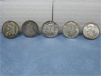 5 Half Dollars Capped Bust, Seated/Walking Liberty