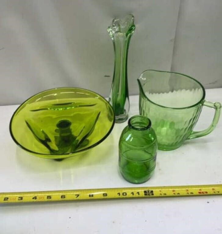 Green Depression Uranium Glass Pitcher Hex Optic