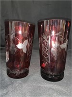 PAIR OF 5.5 “ RED CUT TO CLEAR TUMBLERS