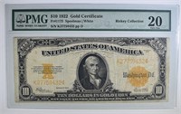 1922 $10 GOLD CERTIFICATE PMG 20 VF