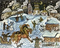Artist Signed Russian Winter Scene, Mixed Media