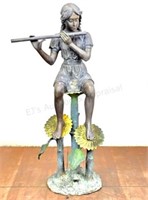 Bronze Flute Player Seated On Sunflowers Sculpture
