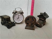 3 Vintage Banks and wind up alarm clock