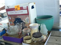 TREE STAND IN BOX, GLASS BOWLS, CANISTERS,