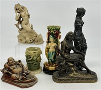 (6)pcs Vintage Statues, Mermaid, Nude Lady, Buddha