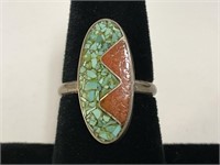 Sterling Inlaid Turq. & Coral Ring 3.1gr TW Sz 6
