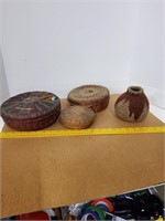 Covered Round Baskets 3 & Woven Vase 1 Basket has
