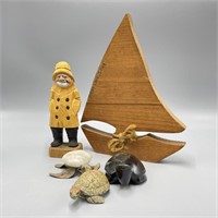 Turtles w/ Wood Sculpture Captain & Wood Sailboat