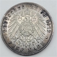 1913 GERMAN SILVER MARK COIN