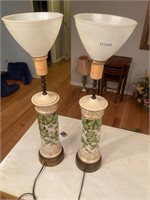 2 glass globed green and white table lamps