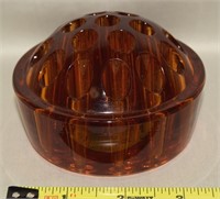 Vtg Amber Glass 19 hole Flower Frog 4" Diam