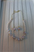 White Floral glass bead necklace and earring set