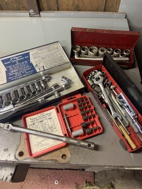 Assorted sockets, tools, drill ends