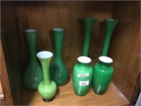 QTY OF GREEN GLASS VASES