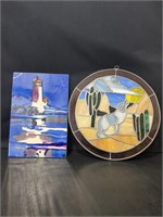 Stained glass wolf picture, Light house on tile