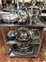 Three Tier Cart of Silver Plate, Candle Sticks