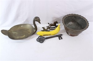 Brass Trinket Bowl, Swan Bowl, Toy Horses+