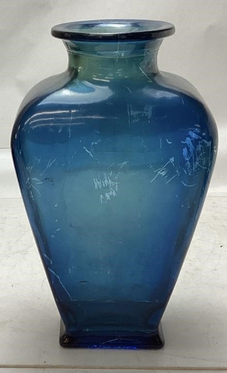 BLUE GLASS VASE, 16’’ H
